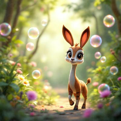 The primary subject of the image is a small, cute bunny rabbit. The setting is a forest with a path, and the visual style is a digital art or illustration. The colors are predominantly pastel, creating a warm and inviting atmosphere. The bunny is walking along the path, surrounded by flowers and bubbles, which adds to the overall charm and whimsy of the scene.